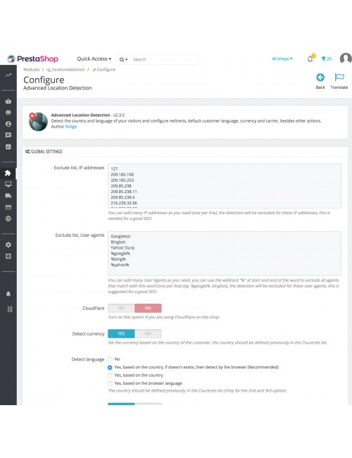 Configuraciones globales del modulo de Detección de Localización Avanzada para PrestaShop