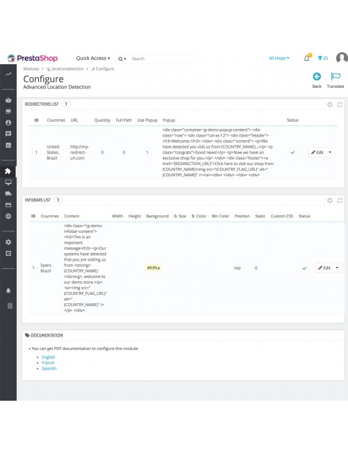 Listas del modulo de Detección de Localización Avanzada para PrestaShop