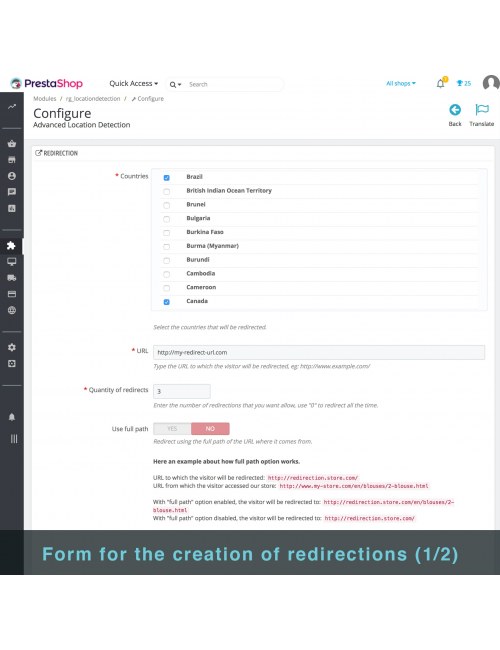 Formulario de redireccion del modulo de Detección de Localización Avanzada para PrestaShop