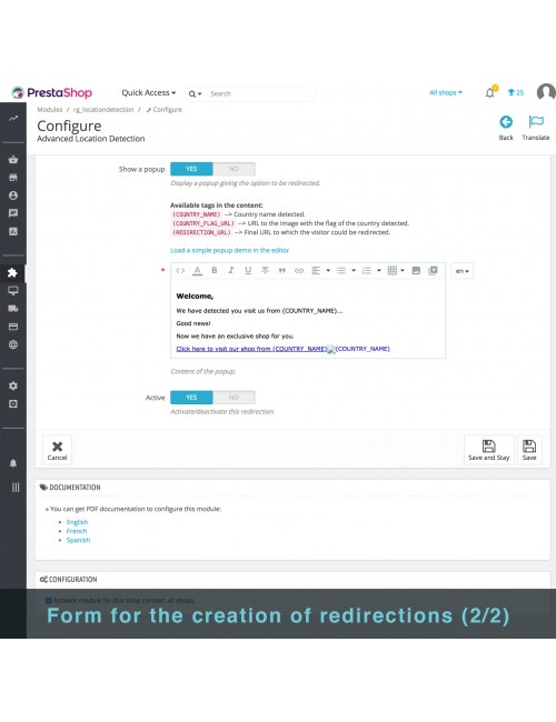 Formulario de redireccion del modulo de Detección de Localización Avanzada para PrestaShop