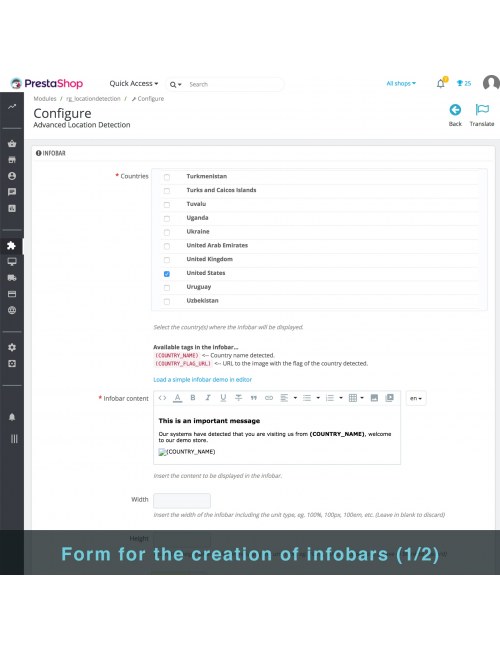 Formulario de la barra informativa del modulo de Detección de Localización Avanzada para PrestaShop