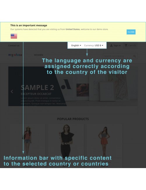 Barra informativa del modulo de Detección de Localización Avanzada para PrestaShop