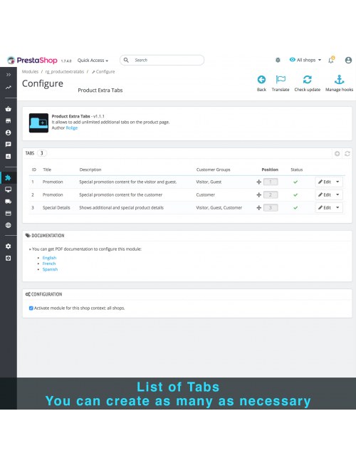 Listas de pestañas del módulo Pestañas Adicionales del Producto para PrestaShop