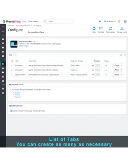 Listas de pestañas del módulo Pestañas Adicionales del Producto para PrestaShop