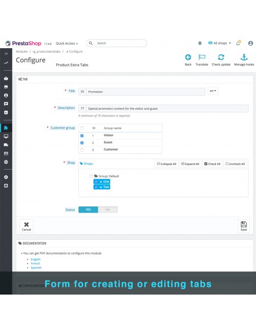 Formulario de creación de pestañas del módulo Pestañas Adicionales del Producto para PrestaShop
