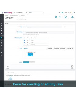 Formulario de creación de pestañas del módulo Pestañas Adicionales del Producto para PrestaShop