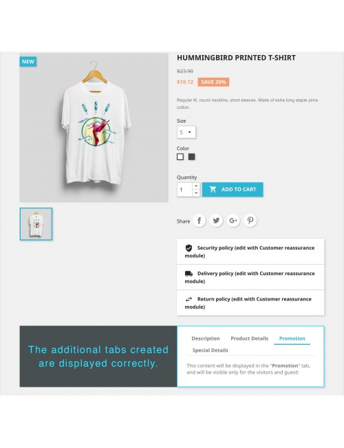 Vista de las pestañas en la página del producto del módulo Pestañas Adicionales del Producto para PrestaShop