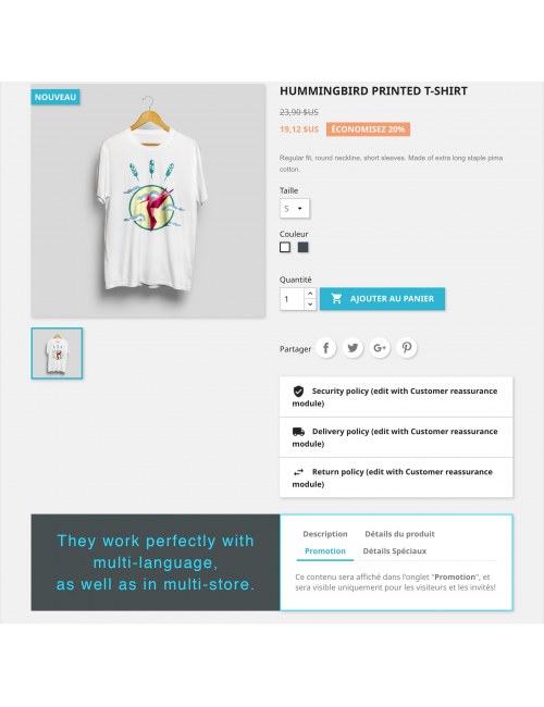 Vista de las pestañas en la página del producto del módulo Pestañas Adicionales del Producto para PrestaShop