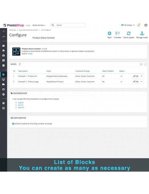 Listas de bloques del módulo Contenido Extra del Producto para PrestaShop
