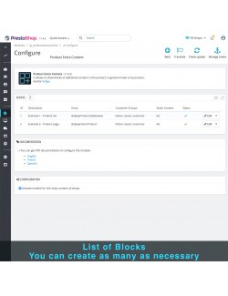 Listas de bloques del módulo Contenido Extra del Producto para PrestaShop