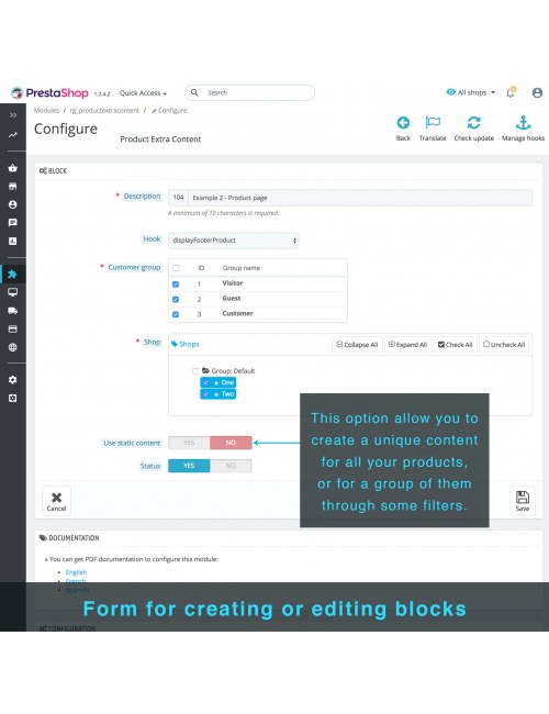 Formulario de creación de bloques del módulo Contenido Extra del Producto para PrestaShop