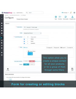 Formulario de creación de bloques del módulo Contenido Extra del Producto para PrestaShop