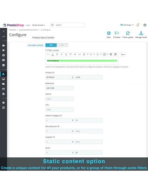 Formulario de creación de bloques del módulo Contenido Extra del Producto para PrestaShop