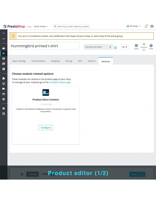 Opción de bloque en el editor del producto del módulo Contenido Extra del Producto para PrestaShop