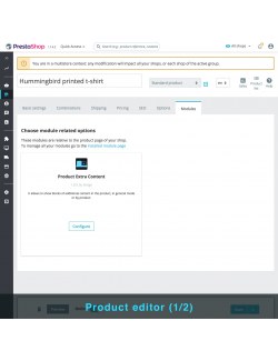Opción de bloque en el editor del producto del módulo Contenido Extra del Producto para PrestaShop