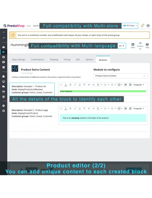Contenido de los bloques en el editor del producto del módulo Contenido Extra del Producto para PrestaShop