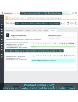 Contenido de los bloques en el editor del producto del módulo Contenido Extra del Producto para PrestaShop