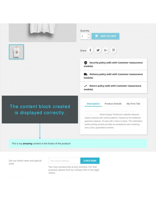 Vista de los bloques de contenido en la página del producto del módulo Contenido Extra del Producto para PrestaShop