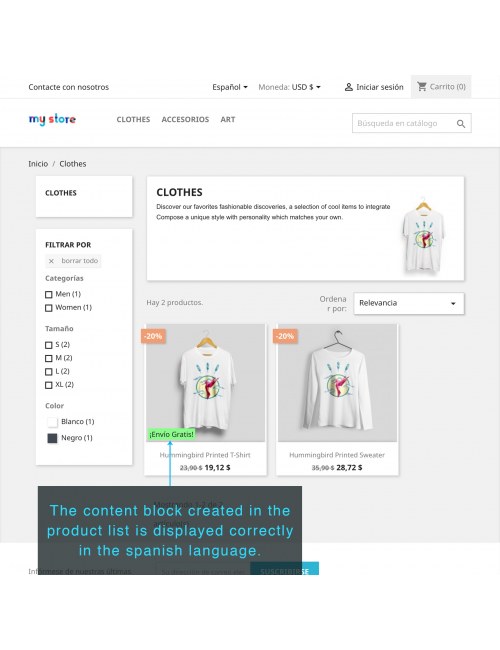 Vista de las bloques de contenido en la página del producto del módulo Contenido Extra del Producto para PrestaShop