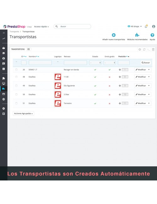 Carriers of the module Estafeta Carrier for PrestaShop