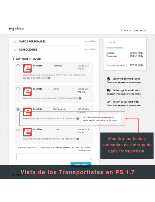 Services list of the module Estafeta Carrier for PrestaShop 1.7