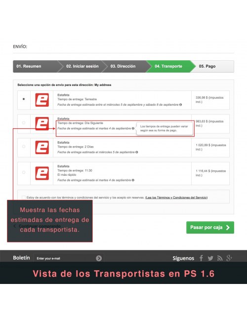 Services list of the module Estafeta Carrier for PrestaShop 1.6