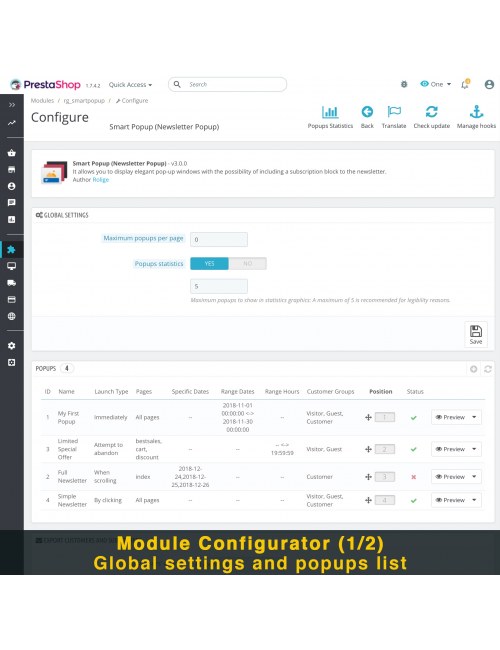 Global settings of the module Smart Popup (Newsletter Popup) for PrestaShop