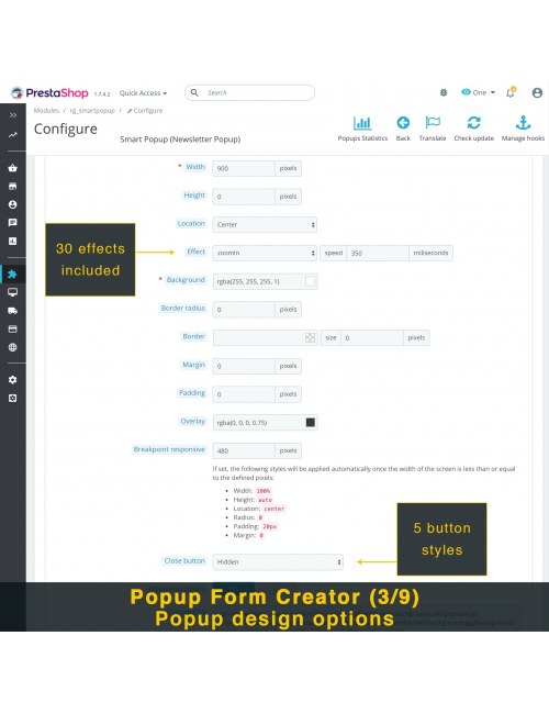 Popups window form creator of the module Smart Popup (Newsletter Popup) for PrestaShop