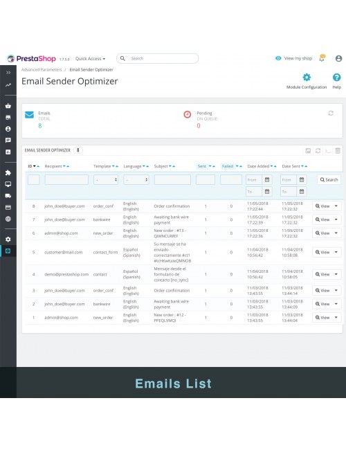 Emails list of the module Ultra Fast Email Sender Optimizer for PrestaShop