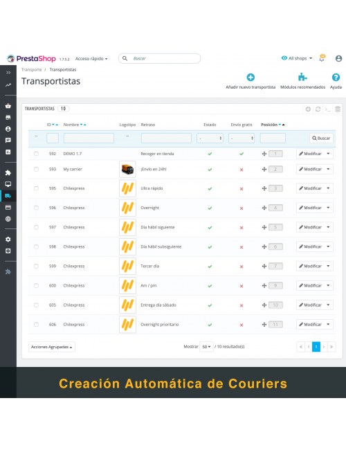 Carriers of the module Chilexpress for PrestaShop
