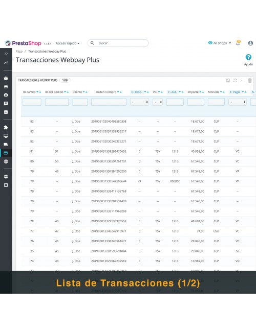 Lista de transacciones del módulo Webpay Plus (Transbank) para PrestaShop