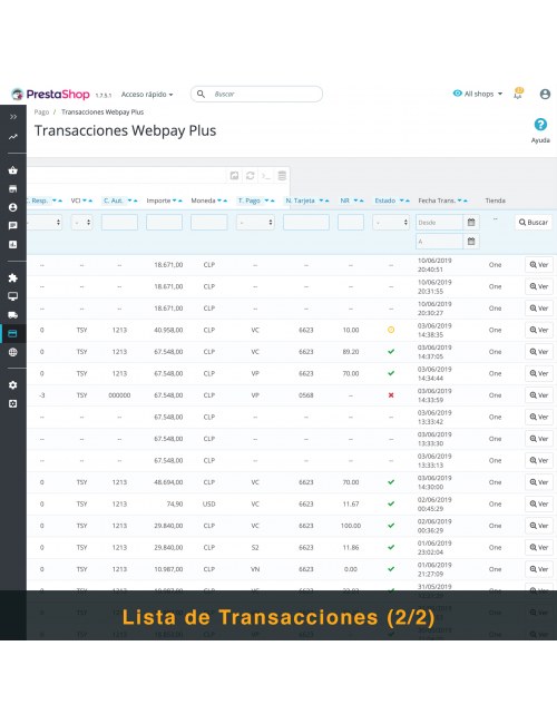 Lista de transacciones del módulo Webpay Plus (Transbank) para PrestaShop