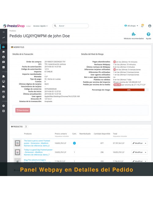 Panel en detalles del pedido del módulo Webpay Plus (Transbank) para PrestaShop
