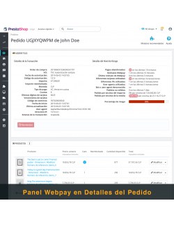 Panel en detalles del pedido del módulo Webpay Plus (Transbank) para PrestaShop