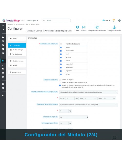 Configuraciones del módulo PrestaShop Mensajero Express en Motocicleta y Bicicleta para Chile