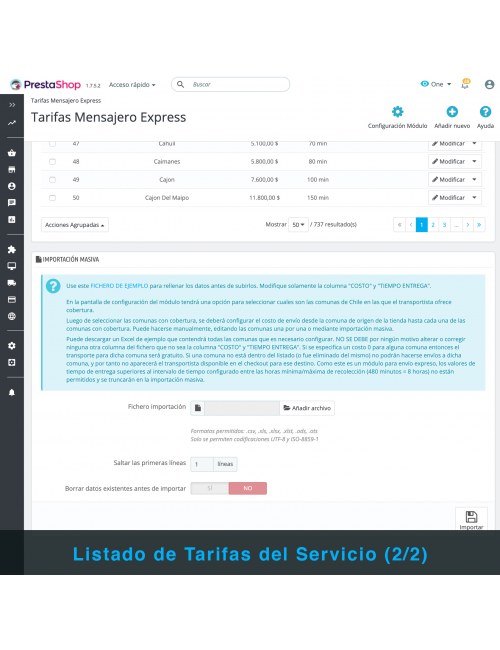Lista de tarifas de mensajería del módulo PrestaShop Mensajero Express en Motocicleta y Bicicleta para Chile