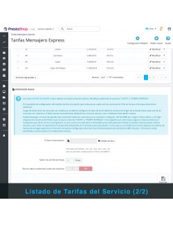Lista de tarifas de mensajería del módulo PrestaShop Mensajero Express en Motocicleta y Bicicleta para Chile