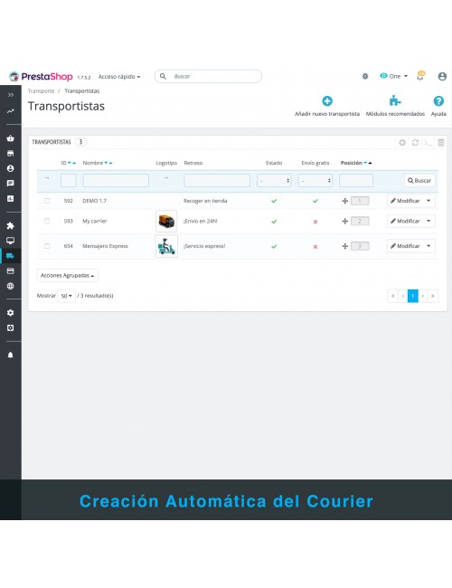 Lista de transportistas del módulo PrestaShop Mensajero Express en Motocicleta y Bicicleta para Chile