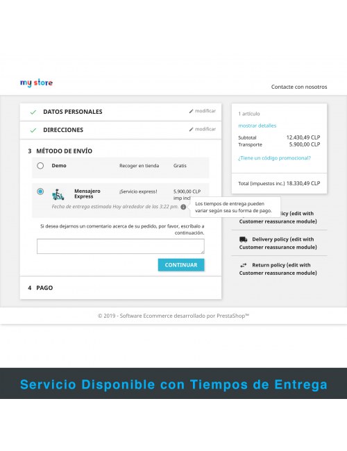 Lista de servicios del módulo PrestaShop Mensajero Express en Motocicleta y Bicicleta para Chile