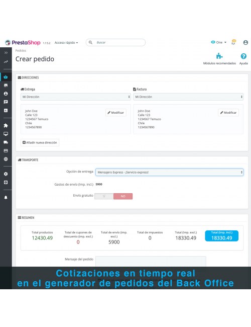 Generador de pedidos desde back office del módulo PrestaShop Mensajero Express en Motocicleta y Bicicleta para Chile