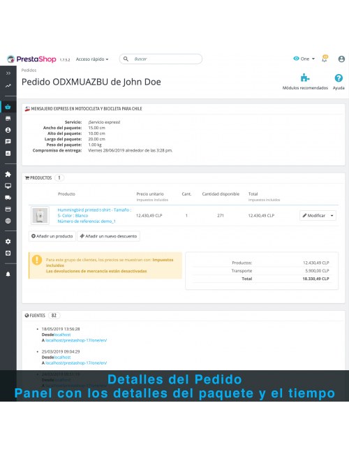 Detalles de envío del módulo PrestaShop Mensajero Express en Motocicleta y Bicicleta para Chile