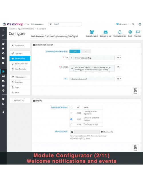 Notifications settings of the module Web Browser Push Notifications using OneSignal for PrestaShop