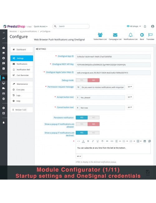 Configuraciones del módulo Notificaciones Push del Navegador Web usando OneSignal para PrestaShop