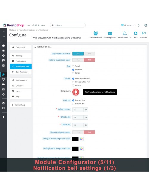 Configuraciones de la campana de notificaciones del módulo Notificaciones Push del Navegador Web usando OneSignal para PrestaSho