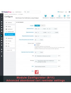 Configuraciones del recordatorio de carrito del módulo Notificaciones Push del Navegador Web usando OneSignal para PrestaShop