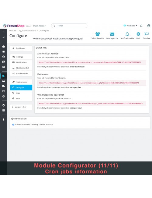 Configuraciones de tareas cron del módulo Notificaciones Push del Navegador Web usando OneSignal para PrestaShop