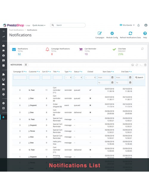 Lista de notificaciones del módulo Notificaciones Push del Navegador Web usando OneSignal para PrestaShop