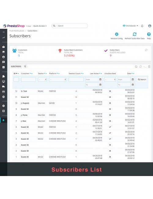 Lista de suscriptores del módulo Notificaciones Push del Navegador Web usando OneSignal para PrestaShop