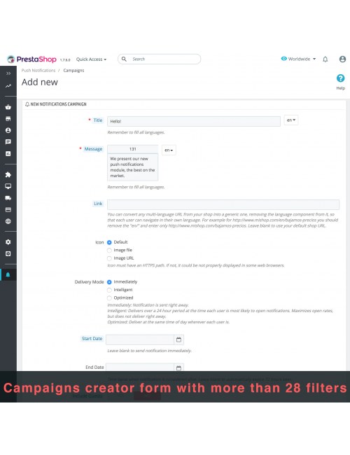Nueva campaña de notificaciones del módulo Notificaciones Push del Navegador Web usando OneSignal para PrestaShop