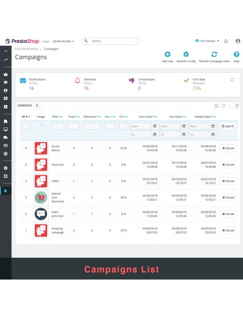 Lista de campañas del módulo Notificaciones Push del Navegador Web usando OneSignal para PrestaShop